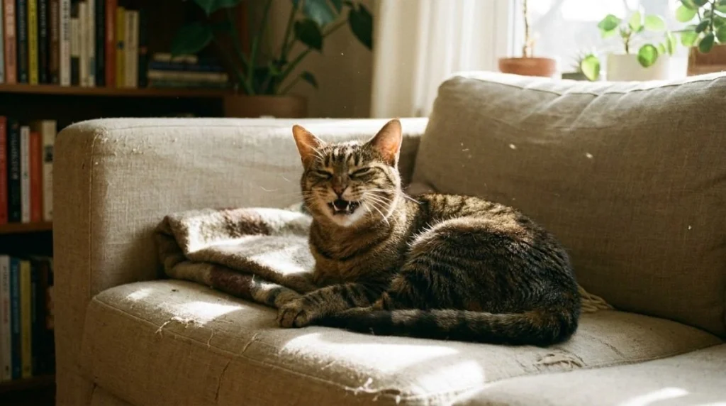 cat sneezing with watery eye at home.
