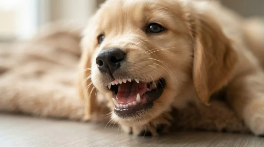 Close-up of a golden puppy with its mouth open, showing its small, sharp baby teeth—How Many Teeth Do Dogs Have?