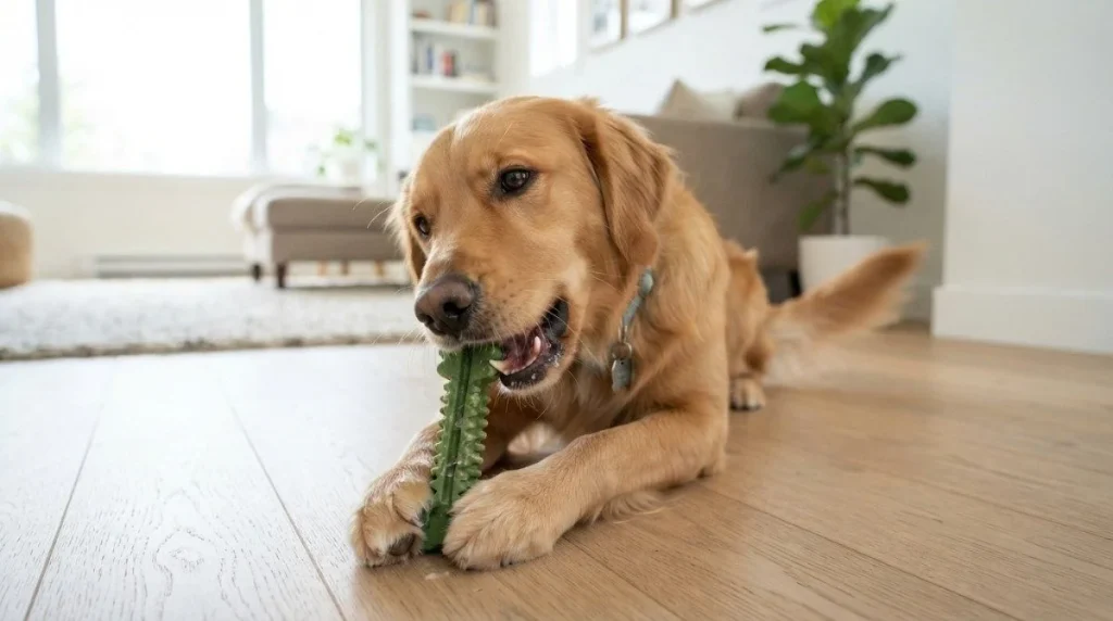 Golden retriever chewing a green dental treat to help keep its teeth clean How Many Teeth Do Dogs Have?