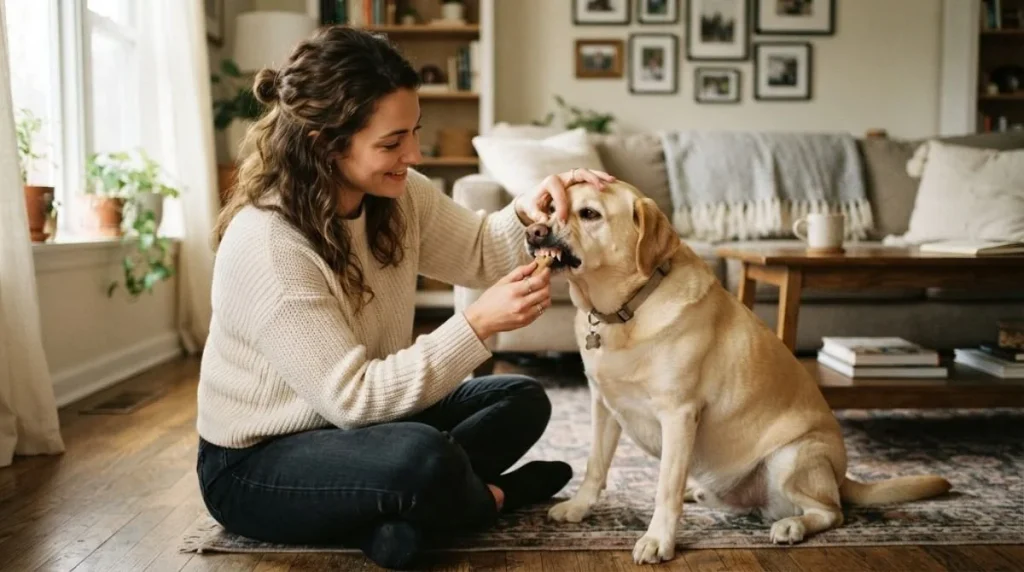 A woman gently lifts her calm dog’s lip to check its teeth during a home dental exam How Many Teeth Do Dogs Have?