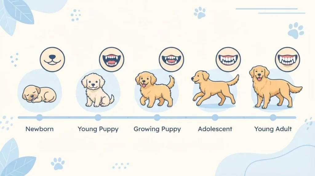 Infographic showing a puppy’s teething timeline from newborn to young adult, with illustrations of changing teeth at each stage How Many Teeth Do Dogs Have?