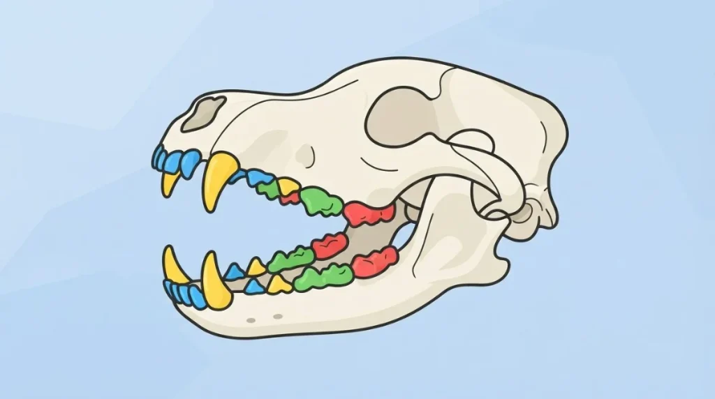 Illustration of a dog’s open jaw with its teeth shown in different colors, answering “How Many Teeth Do Dogs Have?”
