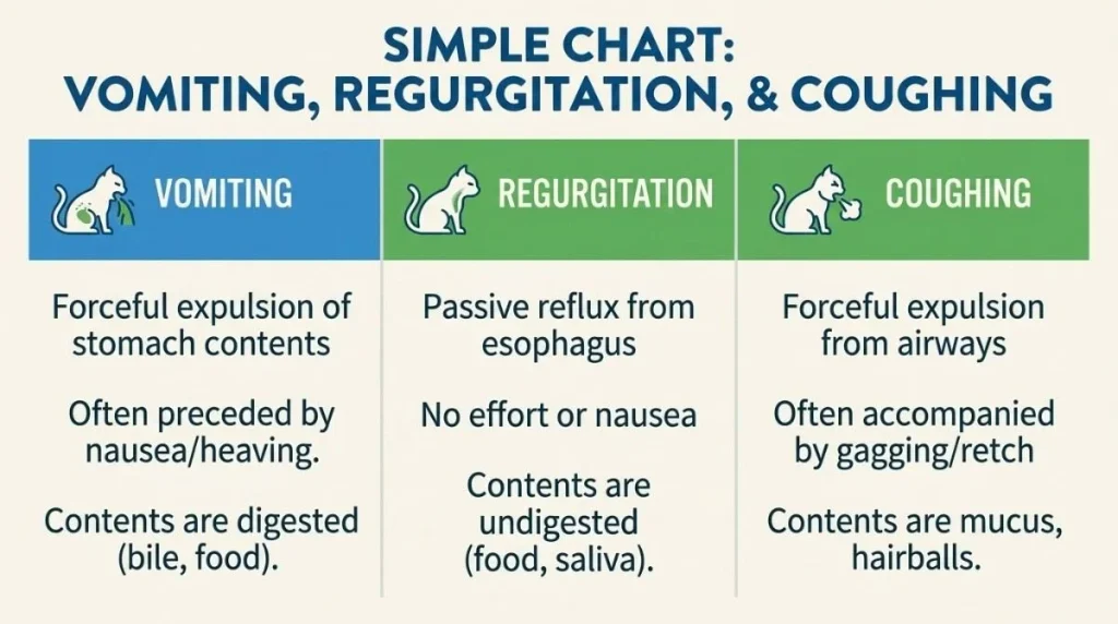 Chart showing the difference between cat vomiting, regurgitation, and coughing