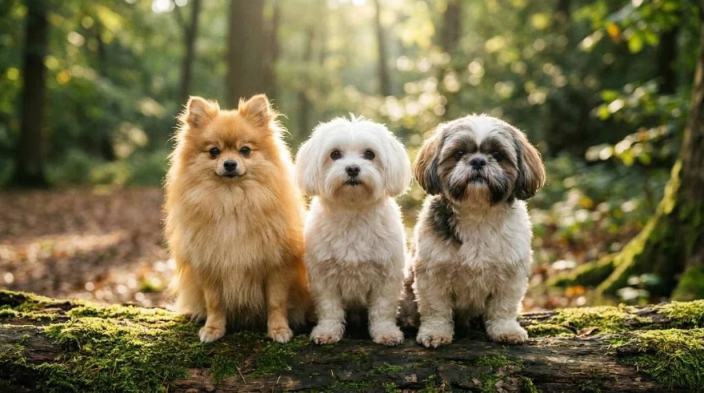 Three different small fluffy dog breeds sitting together outdoors