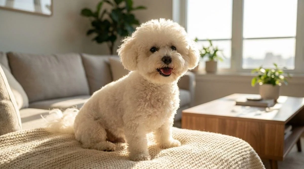 Small fluffy white dog with a clean, brushed coat sitting on a blanket indoors