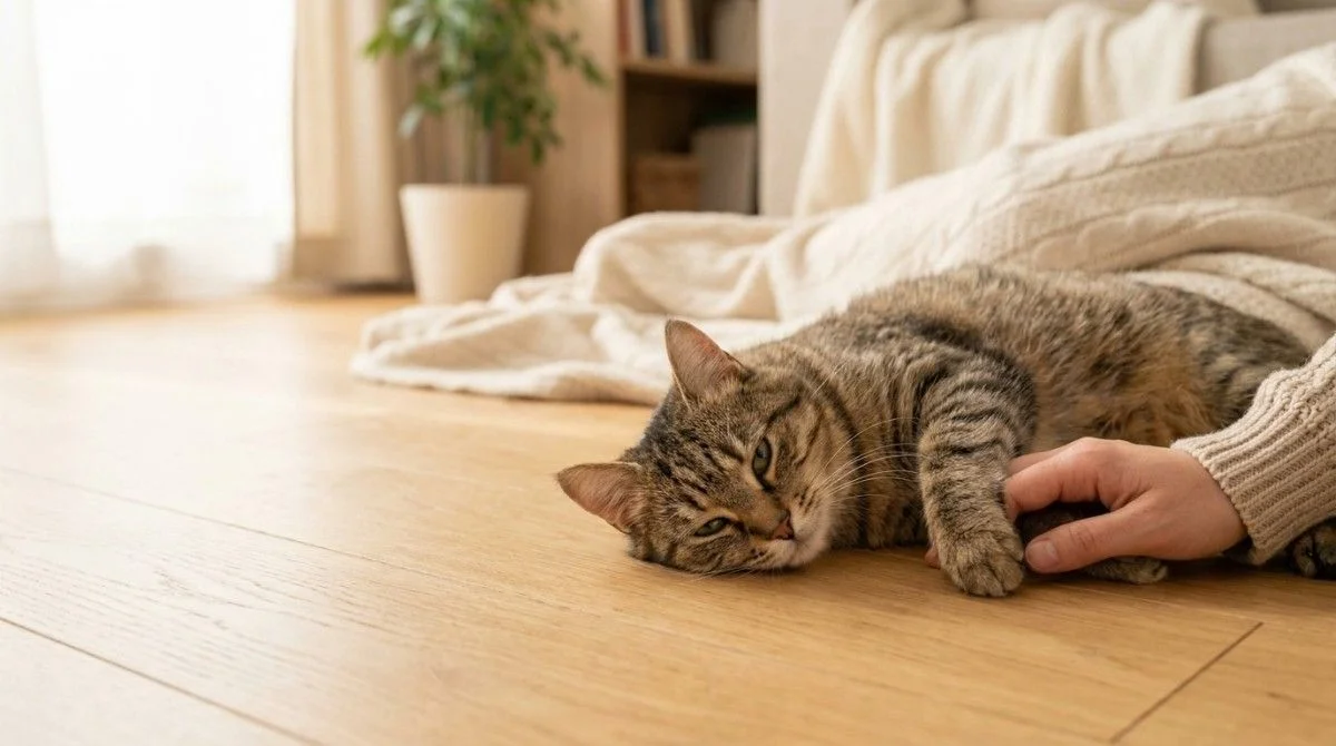 Tabby cat resting at home while its owner checks on it, showing why is my cat vomiting